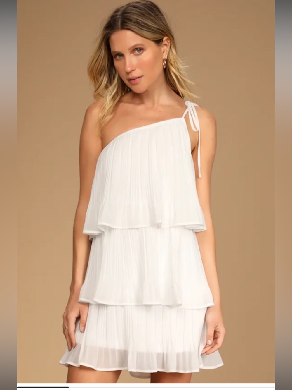 LULUS - Blowing Kisses White Pleated One-Shoulder Mini Dress Medium